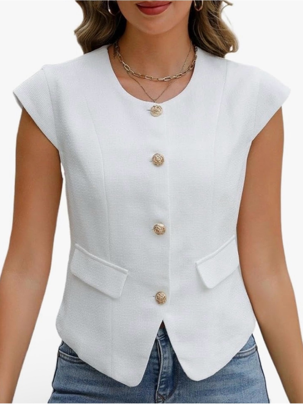 White Cap Sleeve Button-Front Women's Top